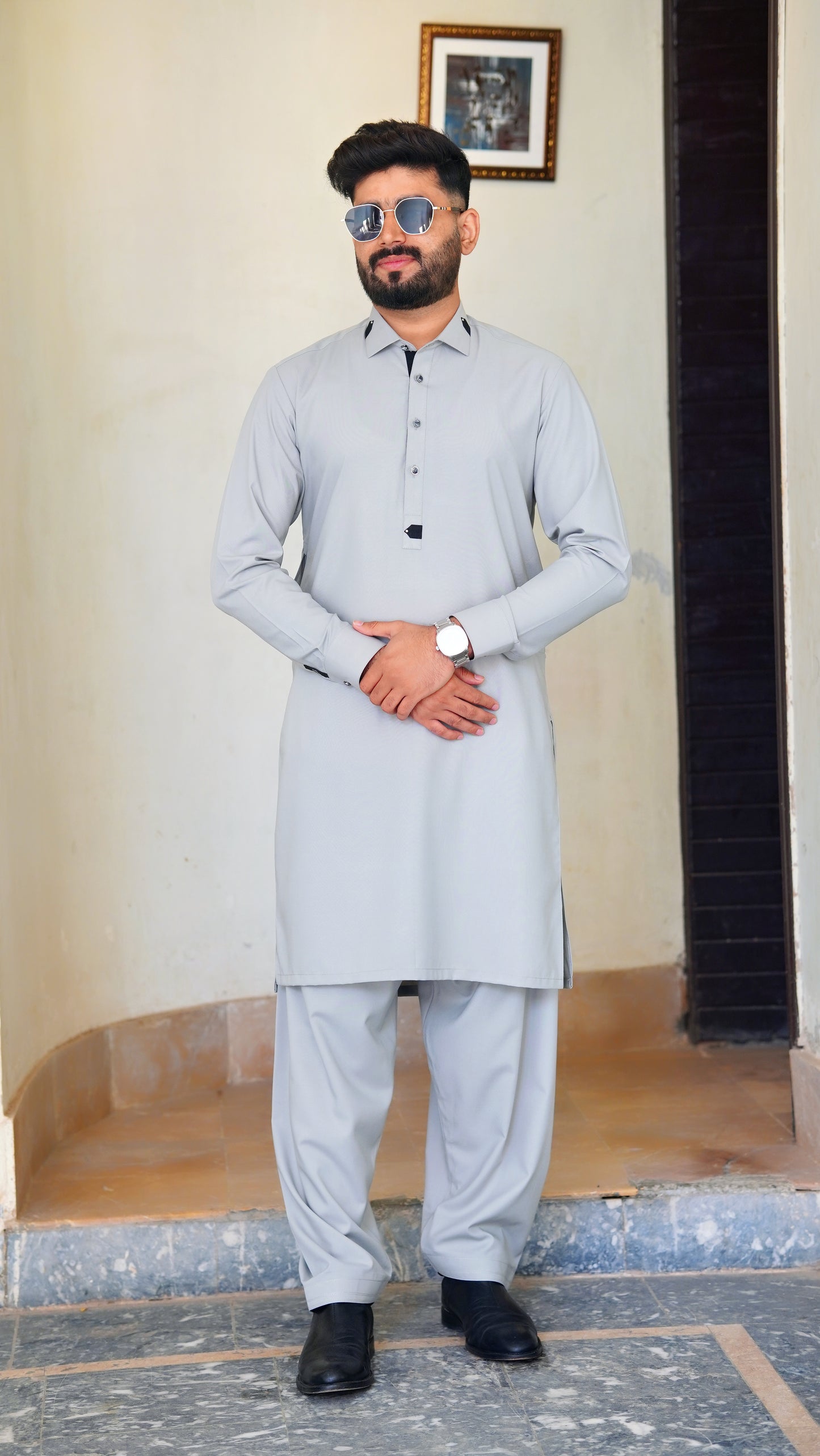 STITCHED PREMIUM 🔥 GRAY SHALWAR KAMEEZ WITH COLAR WITH BLACK CLIPS