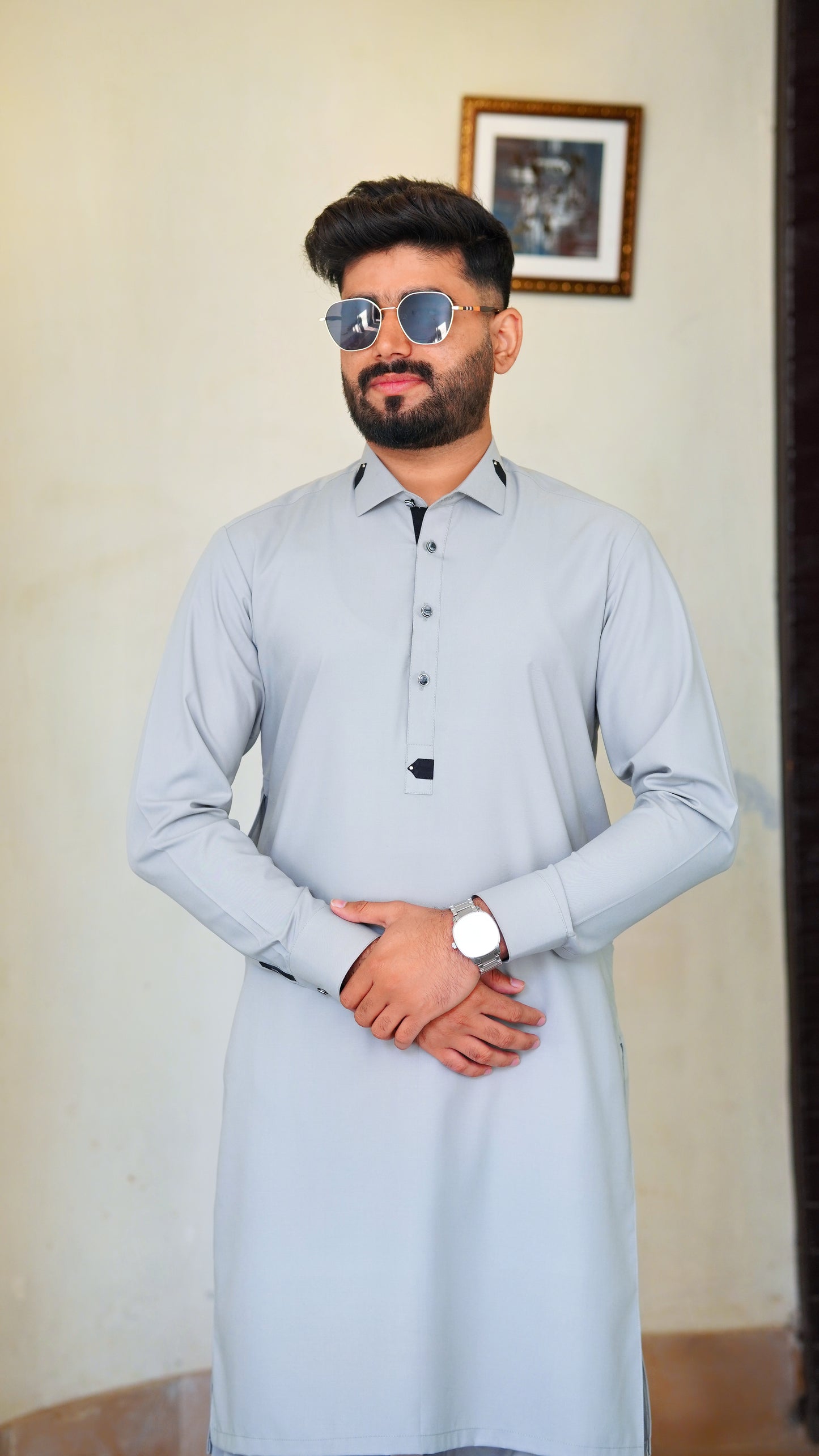 STITCHED PREMIUM 🔥 GRAY SHALWAR KAMEEZ WITH COLAR WITH BLACK CLIPS