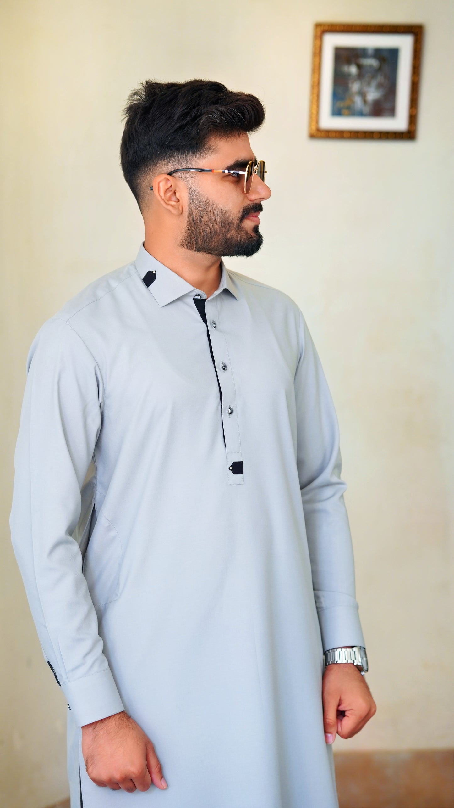 STITCHED PREMIUM 🔥 GRAY SHALWAR KAMEEZ WITH COLAR WITH BLACK CLIPS