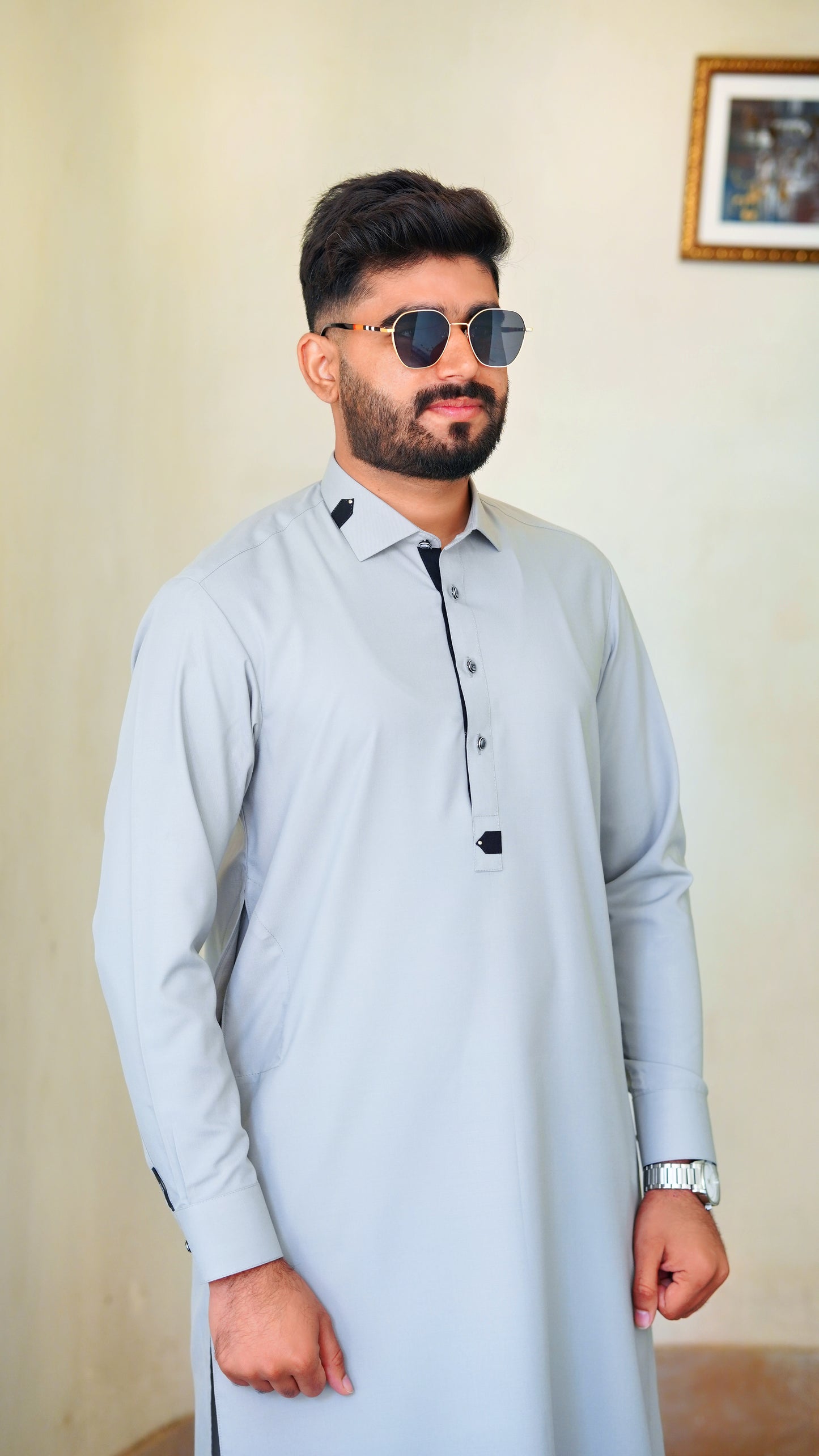 STITCHED PREMIUM 🔥 GRAY SHALWAR KAMEEZ WITH COLAR WITH BLACK CLIPS