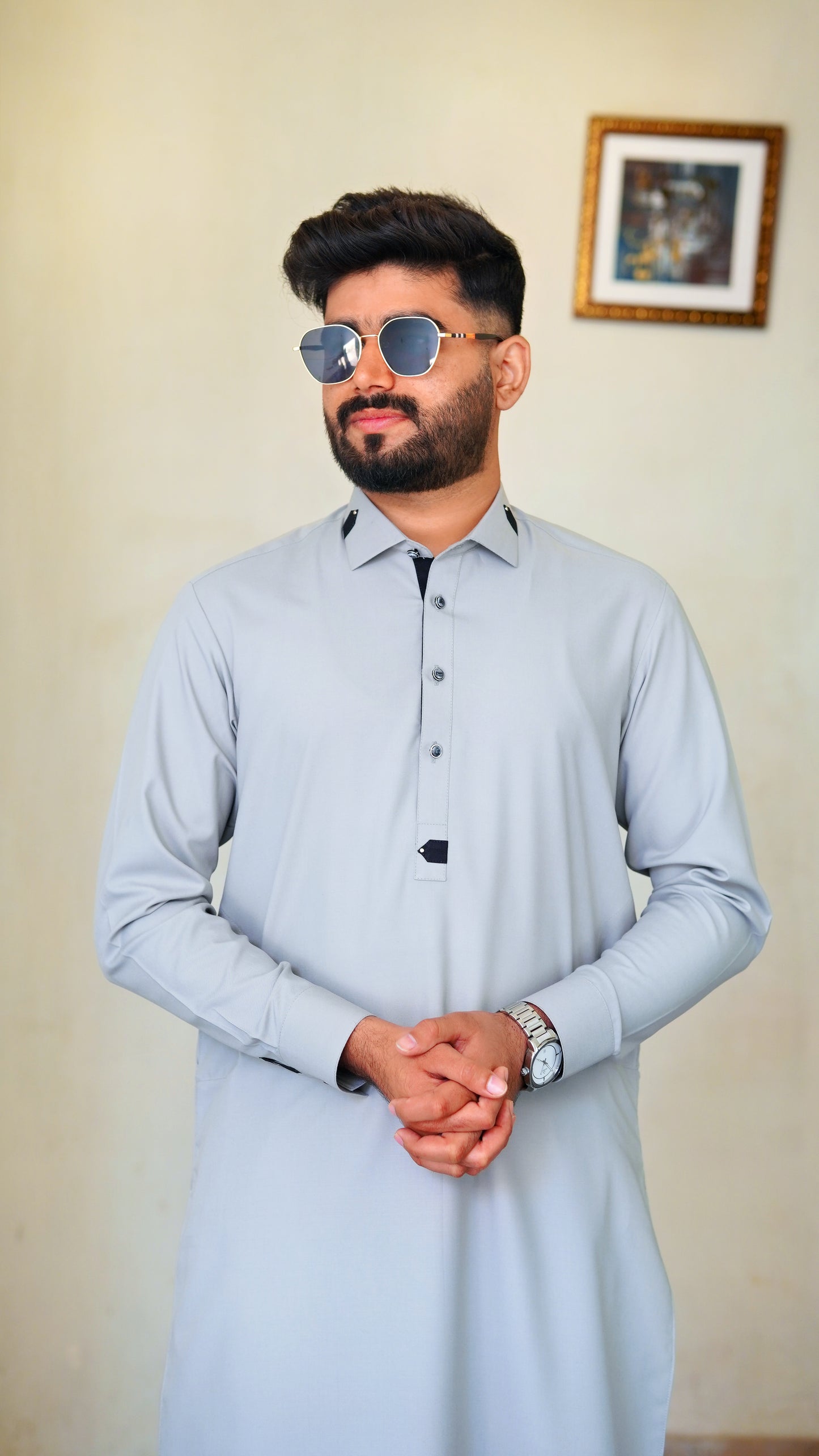 STITCHED PREMIUM 🔥 GRAY SHALWAR KAMEEZ WITH COLAR WITH BLACK CLIPS