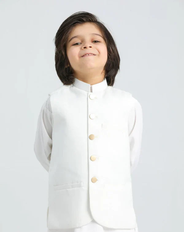 Off White Shalwar Kameez and Waistcoat - 3PC Set