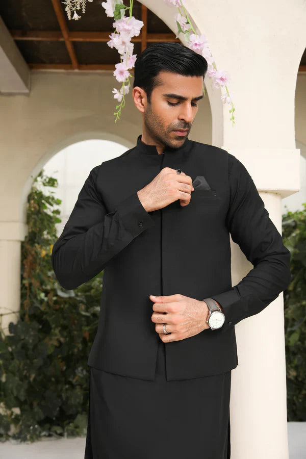 All Season Midnight Black Kameez Shalwar with Waistcoat Men 3PC ZAIB OUTFITS